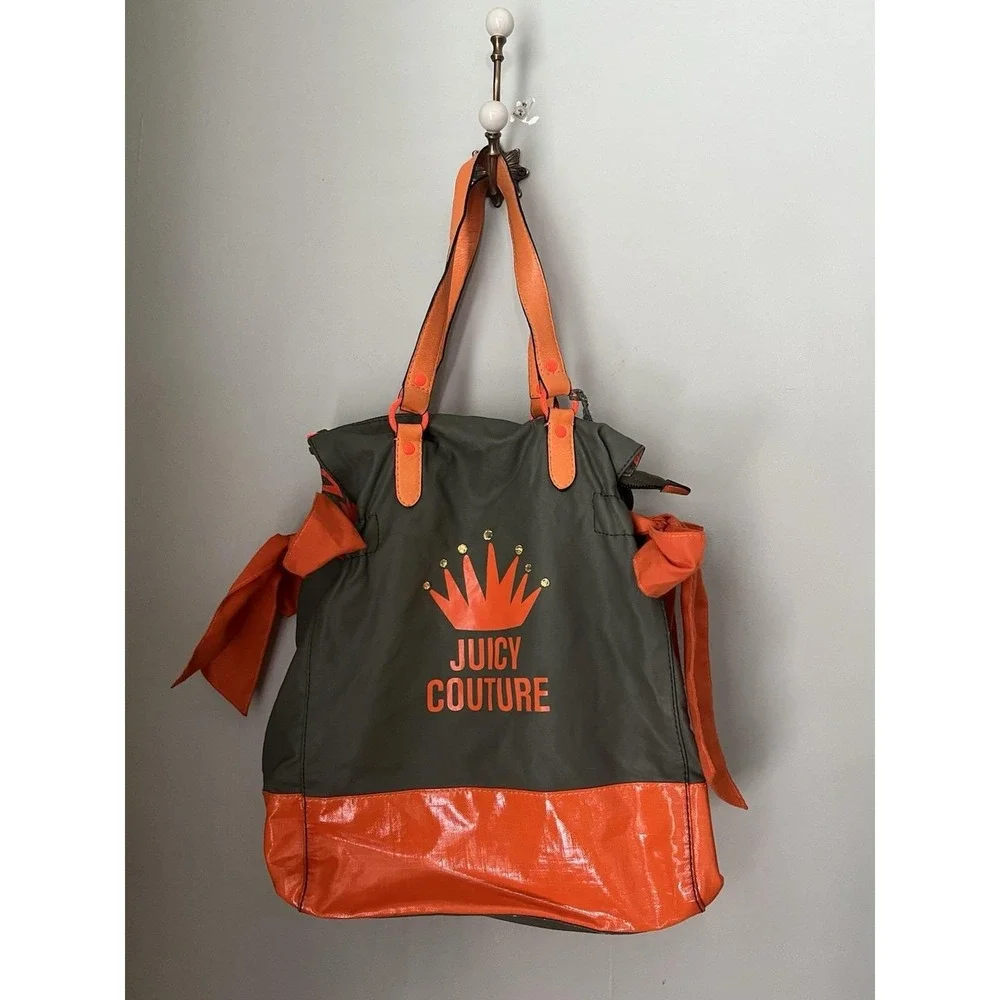 Vintage Juicy Couture Neon Orange & Olive Green Oversized Tote Bag Bows